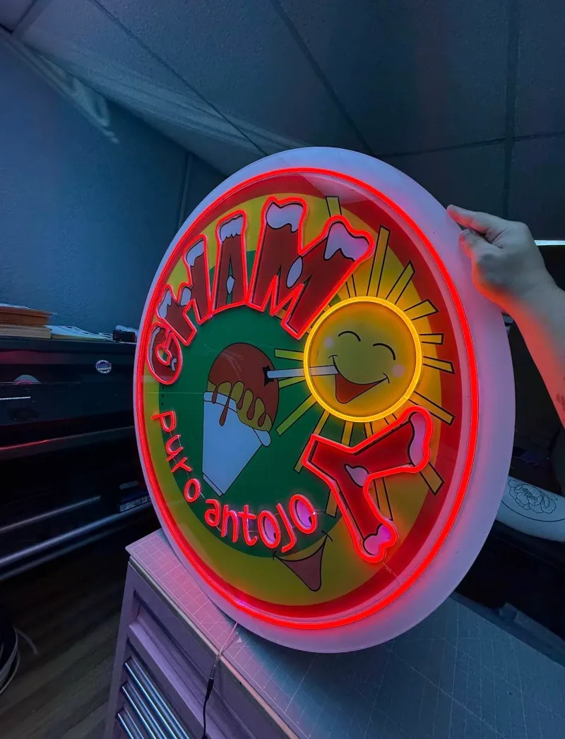 Round LED neon sign for Chamoy Puro Antojo glowing red and yellow